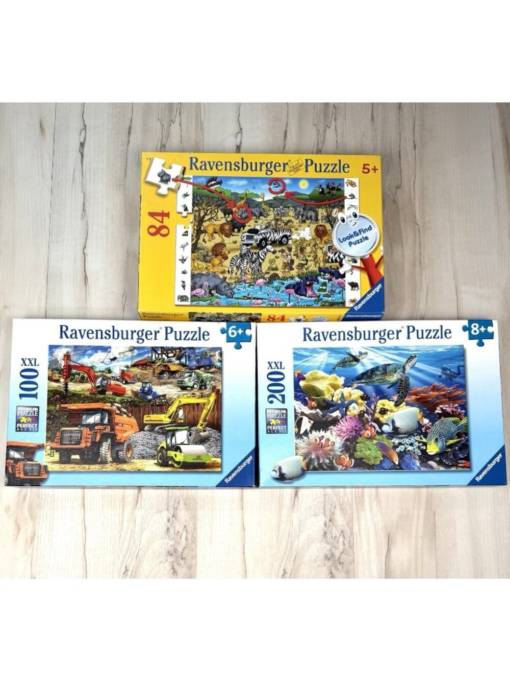Lot 3 RAVENSBURGER Puzzles 84pc Safari 100pc Construction 200pc Ocean COMPLETE